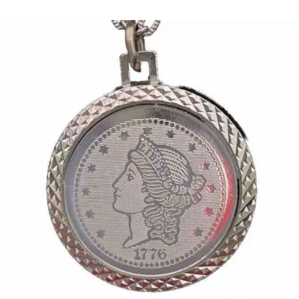 Vintage Bicentennial 1776 Twenty D Coin Necklace Pendant Silver Tone 12” Chain